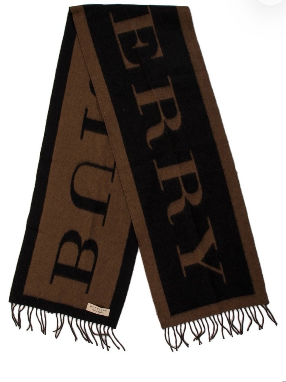 Burberry Brown and Black Logo Wool Fringe Scarf
